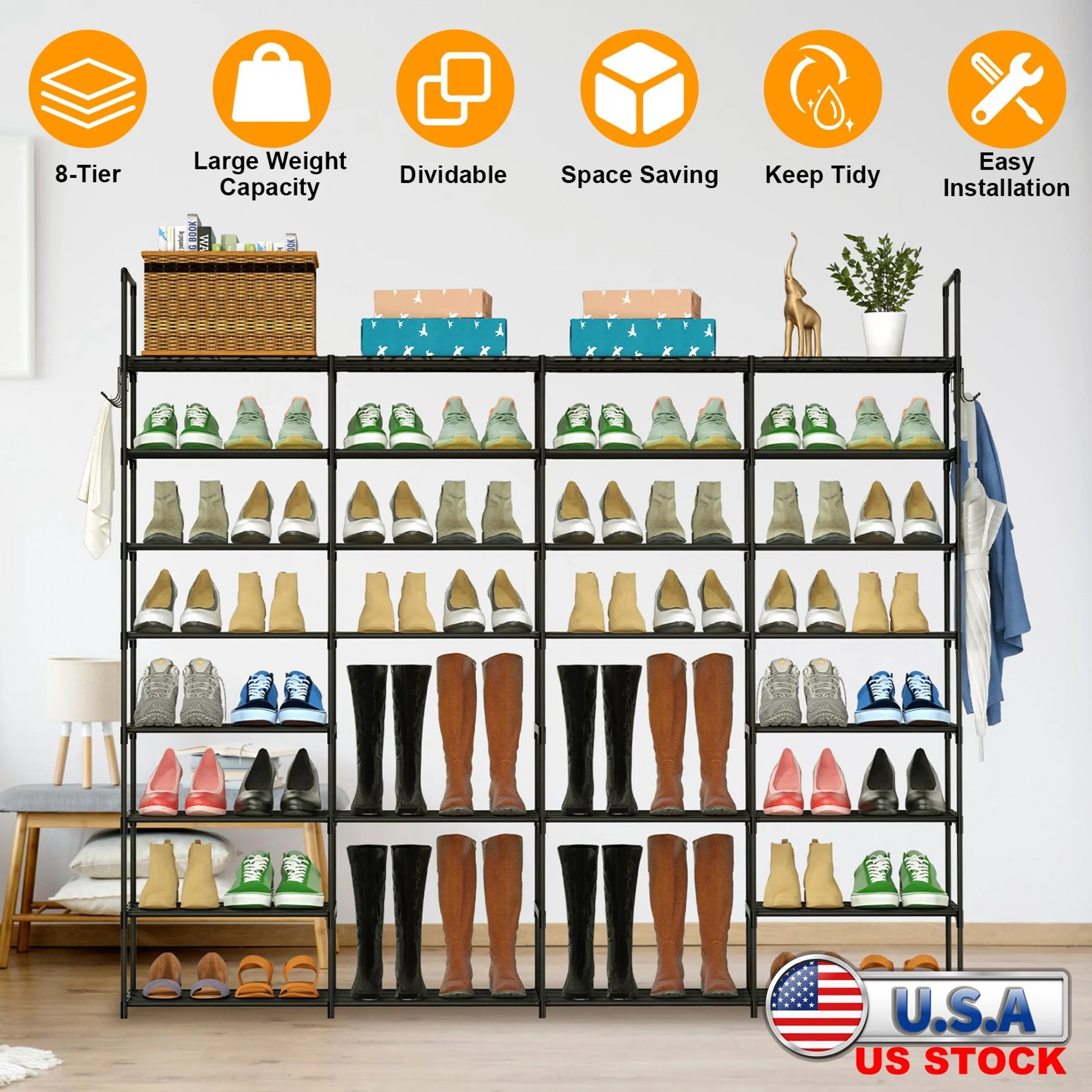 8-Tier 4-Row Shoe Rack Metal Shoe Storage Shelf